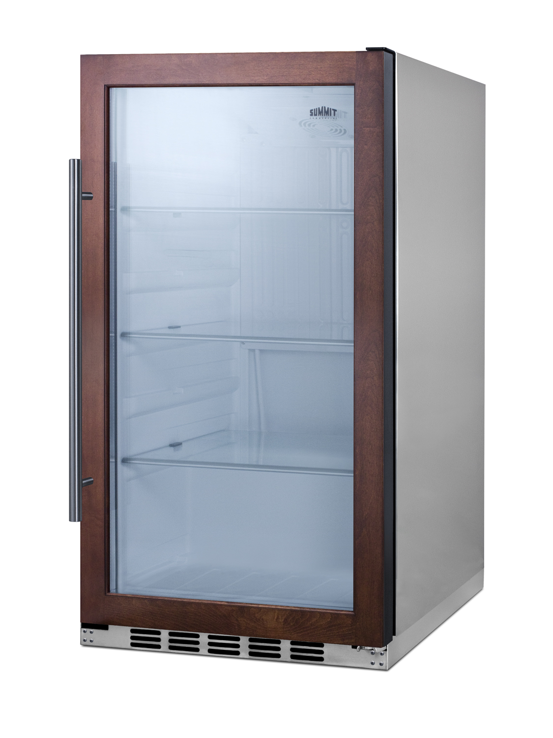 Commercially approved indoor/outdoor beverage cooler for built-in or freestanding use with a shallow 17.75